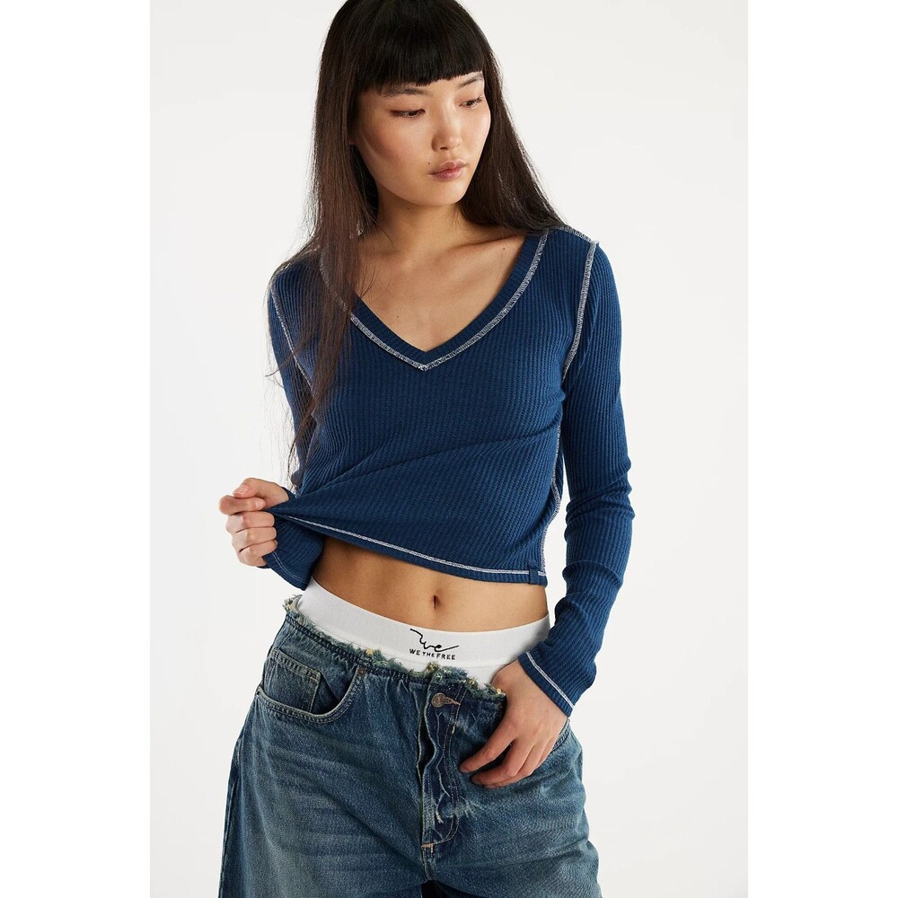 Free People We The Free Womens Manchester Long Sleeve Blue Medium Exposed Seams